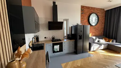 Kuchnia z lodowka i salonem